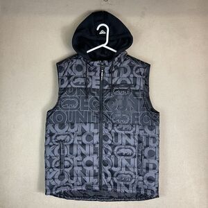 Ecko Unltd Vest Men Large Black Gray Quilted Full Zip Preppy Casual Logo‎ Adult